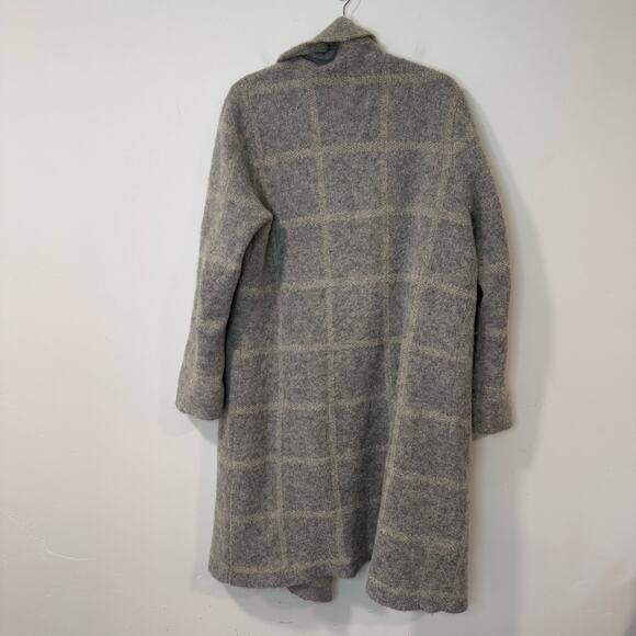 Eileen Fisher Windowpane-Check Shawl-Collar Coat Long Cardigan Grey Wool Mohair - Picture 3 of 9
